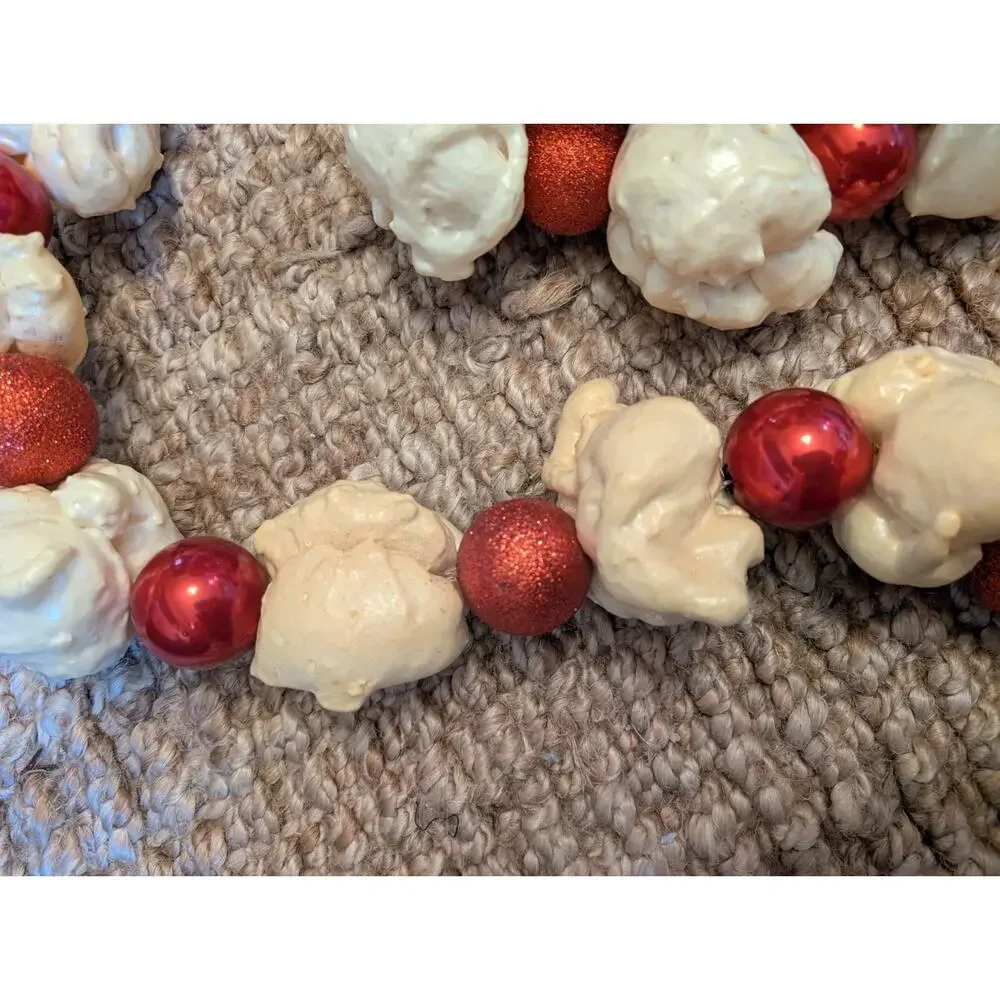 Giant Styrofoam Popcorn Buttered Plastic Christmas Tree Garland Red Bulbs 142